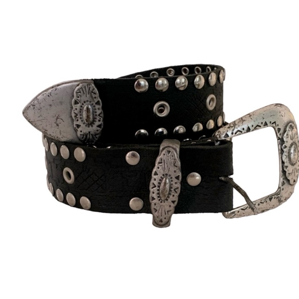 Vintage Black Studded Leather Belt with Silver Western Buckle